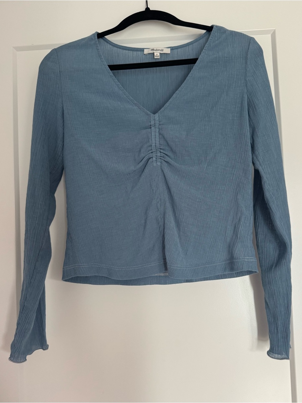 Madewell Light Blue V-Neck Long Sleeve Ribbed Top with Front Shirring